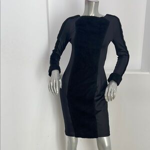 Katharine Kidd Black Long Sleeve Bodycon Cocktail Dress Faux Fur Trim Size 2